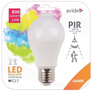 Avide - LED fényforrás A60, E27, 10W, 4000K, beépített PIR mozgásérzékelővel - ASG27NW-10W-PIR